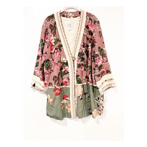 John Mark Floral Kimono Jacket Embroidered Trim Mauve Sage Green XL Boho